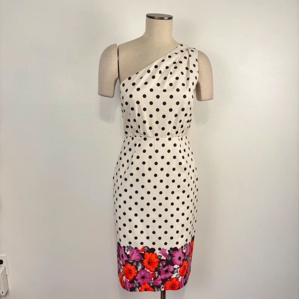 J. Crew Y2K VTG One Shoulder Polka Dot Floral Pencil Dress S White Black Retro